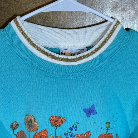 Vintage 90s Morning Sun Teal Double Collar Grandma Sweatshirt Crewneck Poppy Med - Picture 5 of 8
